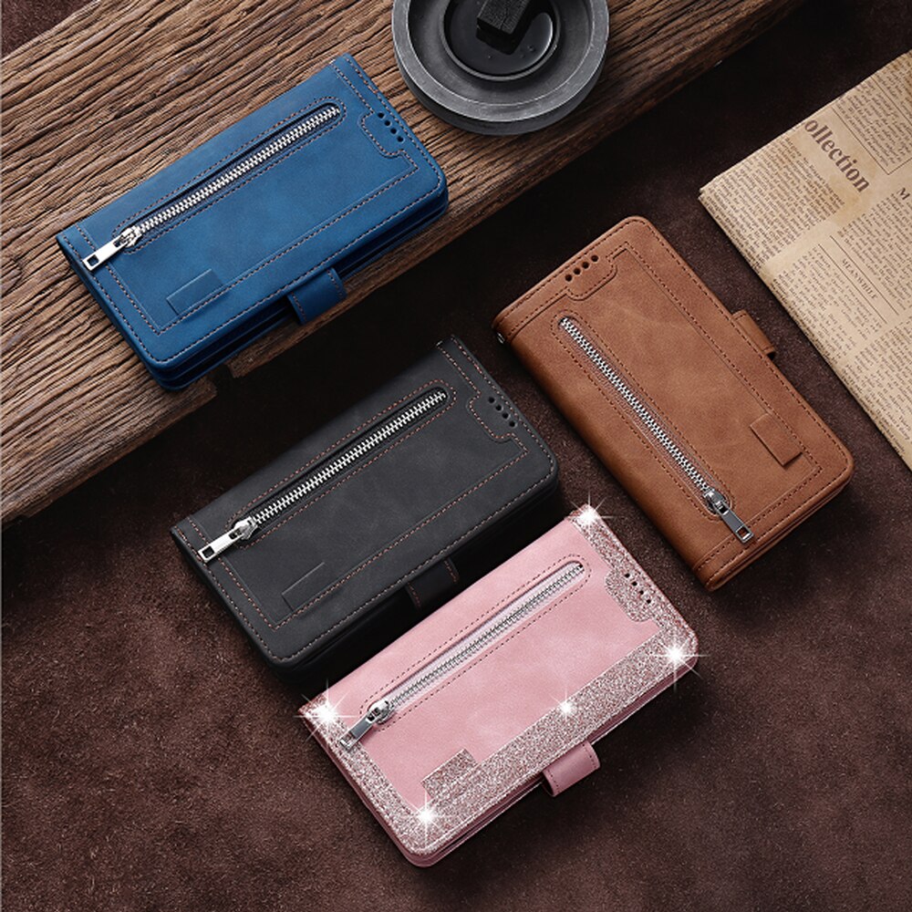 9 Kaarten Wallet Case Voor Xiaomi Poco X3 Nfc/X3 Pro Telefoon Geval Card Slot Rits Flip Folio Met polsband