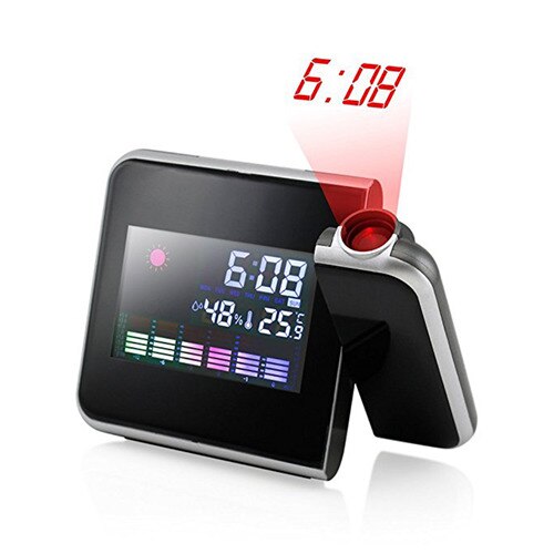 Digital LCD Projection LED Display Alarm Clock Weather Snooze Function Temperature Thermometer Humidity Table Clock Decor: Black-1-5min project