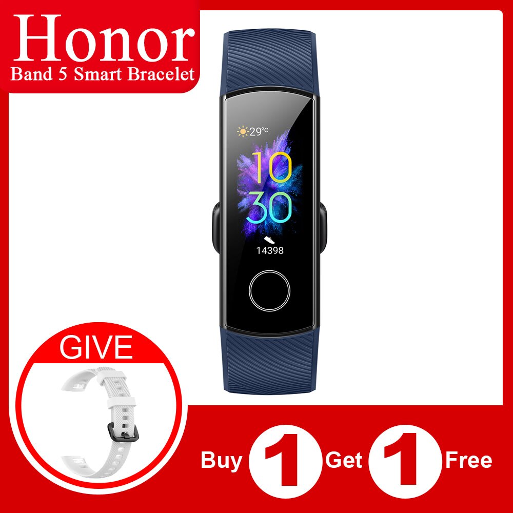 Originele Honor Band 5 Globle Versie Smart Wirstband Fitness Armband Tracker Stappenteller Hartslag Sleep Monitor Waterdichte Band: Blue and White