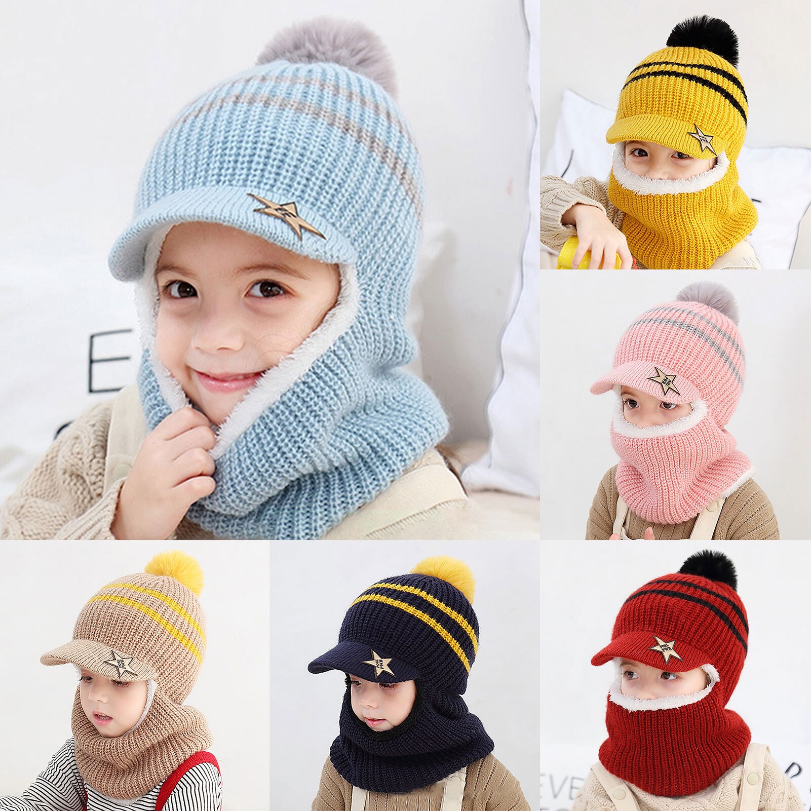 Unisex print børn vinter hatte plys vindtæt varme børn drenge piger pompon hat randen tørklæde hoved cap skullies beanies