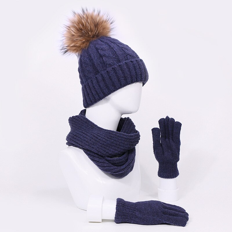 Gorro de piel Real con pompón, gorros, bufandas, guantes, conjunto de tres piezas, gorro grueso para invierno y otoño bufanda, guantes traje Windproo Pom sombrero bufanda, guantes de invierno deportes al aire libre cálida bufanda gorros conjuntos: B