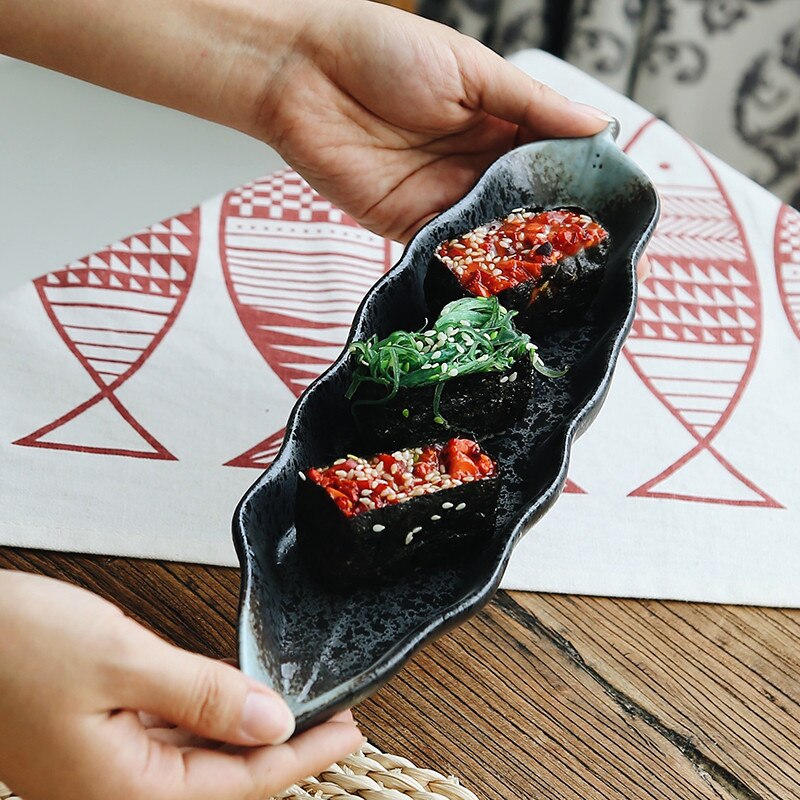 Japanese Style Ceramic Leaf Shape Sushi Plate Rectangular Fruit Dish Porcelain Snack Dessert Plate Retro Tableware