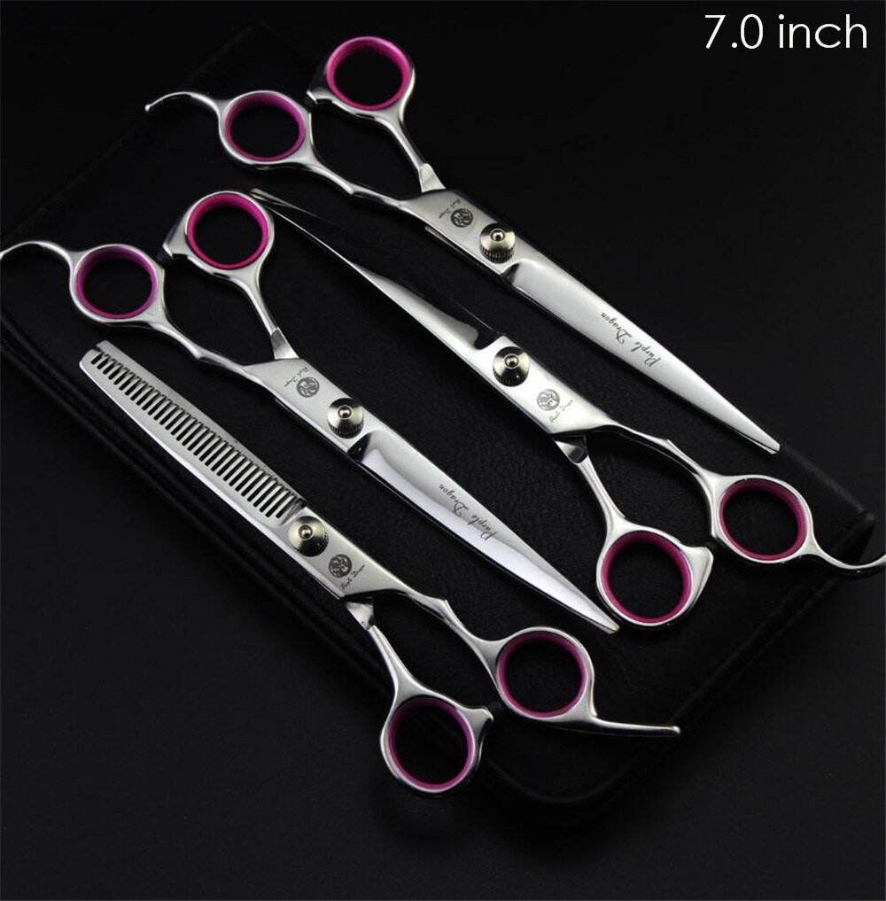 4pcs/set Pet Grooming Scissors Set 7 inch 8 inch Straight+ Curved +Thinning Shears Sharp Edge Hair Cutting Scissors: 7 inch Silver