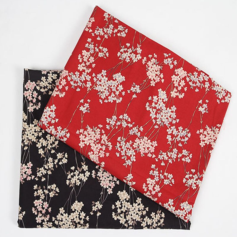 Tela de algodón tradicional con estampado de flores de cerezo Sakura Oriental, color negro y rojo, 50x135cm, para costura artesanal, pieza para bolsa de vestido