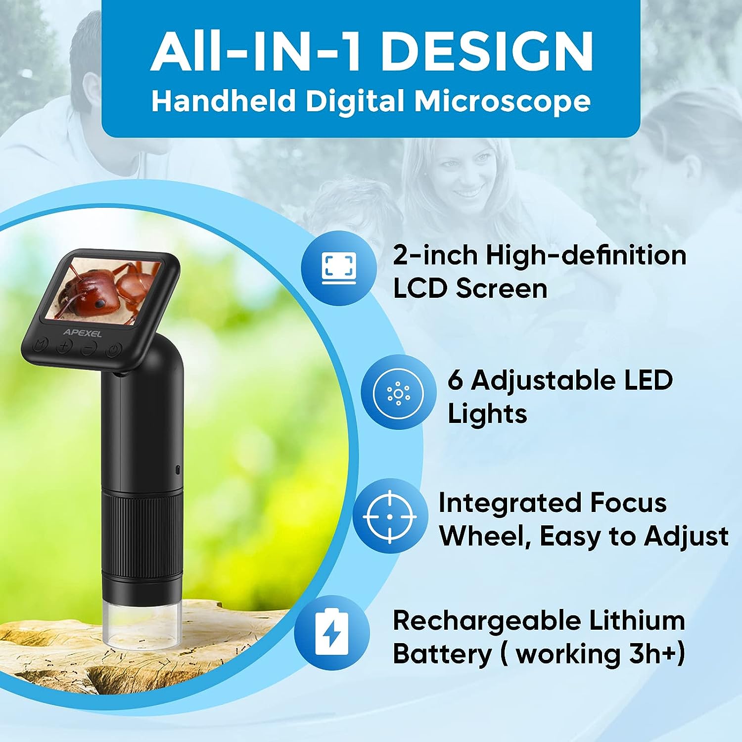 Microscopio digital portátil 800X HD para adultos, microscopio de bolsillo con pantalla LCD de 2 "para niños, equipo de microscopios digitales de laboratorio USB