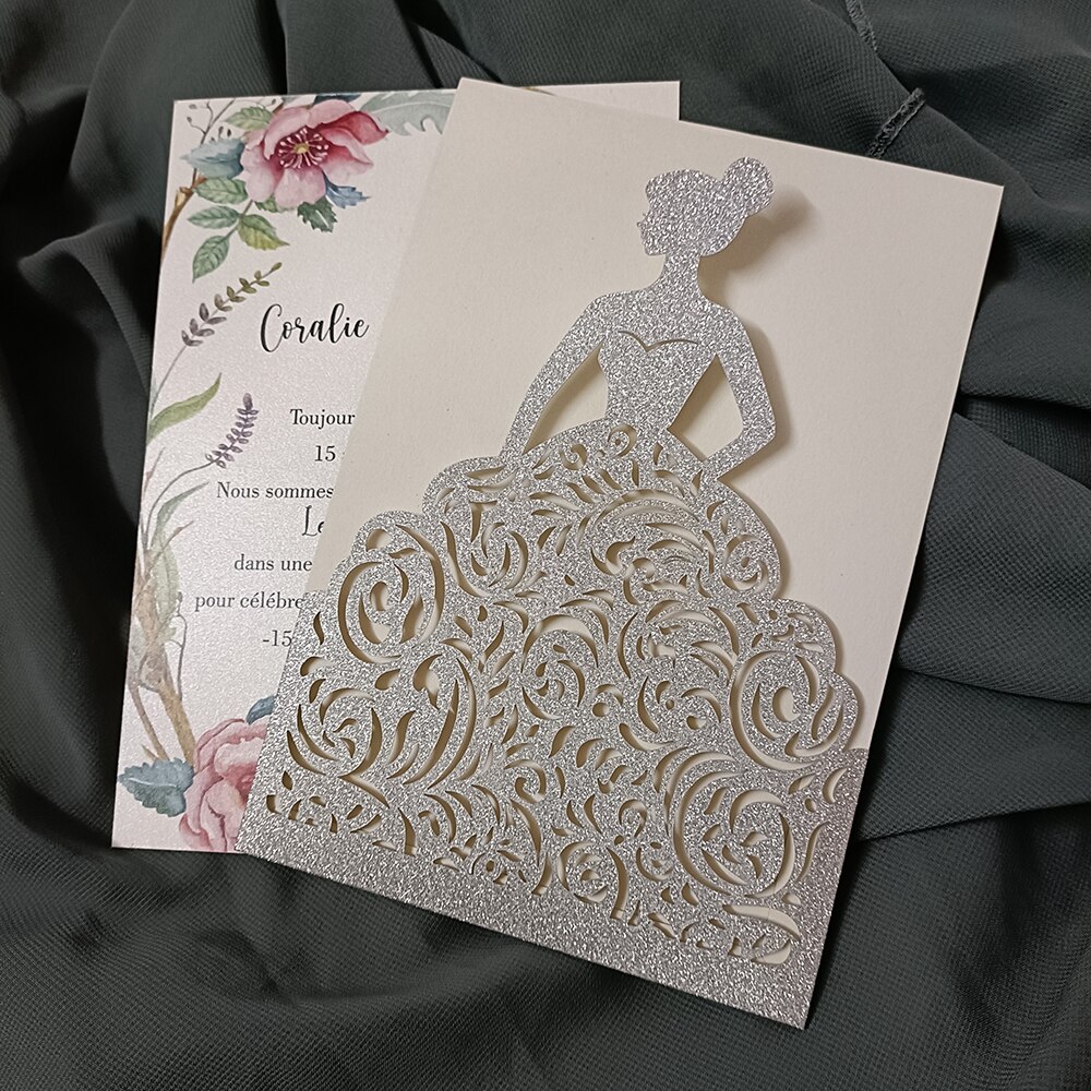 10X Zilveren Glitter Quinceanera Uitnodiging Meisje Prinses Uitnodigingskaarten Voor Zoete 15 Verjaardagsfeestje