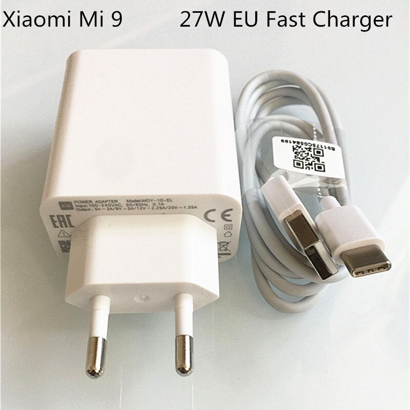 Originele Xiaomi 27 W Usb Fast Charger QC4.0 Quick Charge Adapter 3A Type C Kabel Voor Xiaomi 9 A3 CC9E CC9 9T K20 Pro Zwart Shark2: EU Charger and Cable