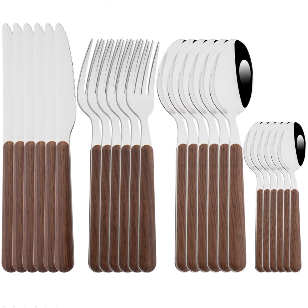 Drmfiy 16/24P Dinnerware Set Imitation Wooden Handle Cutlery Set Western Silverware Knife Fork Spoon Storage Rack Tableware Set: 24Pcs Brown silver