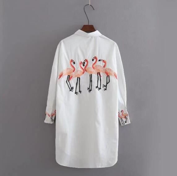 Chic flamenco pájaro bordado camisa blanca mujer solapa manga larga media blusa larga