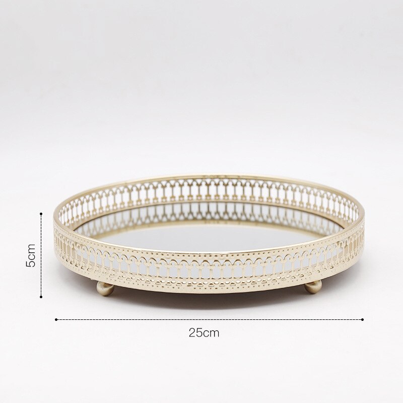 Retro golden iron glass metal storage tray golden round fruit tray desktop small items jewelry display tray mirror: Large