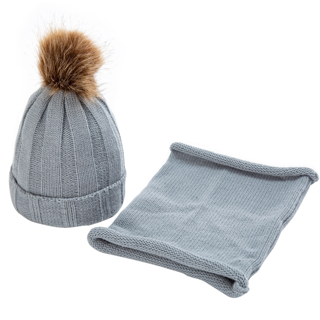 Ensemble bonnet écharpe pour enfants | Lot de 2 pièces, bonnet d'hiver en tricot torsadé solide, mignon écharpe chaude, chapeau czapka i komin colortin: Gris
