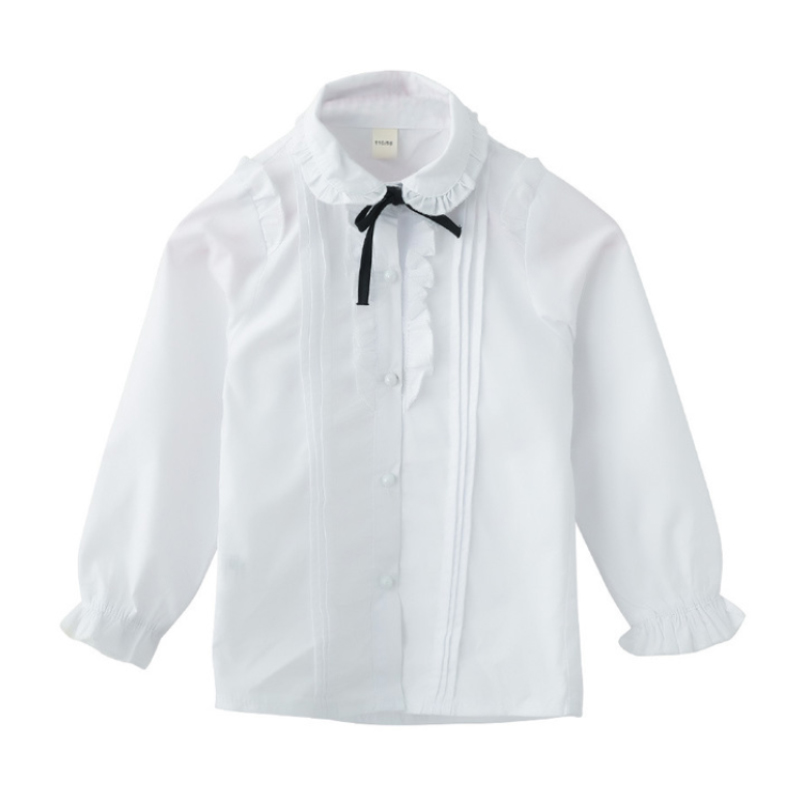 Blusa blanca para niña adolescente, camisa de manga larga con volantes, uniforme escolar, camisas para niña de 4 a 15 años, primavera 2022: 6-7T