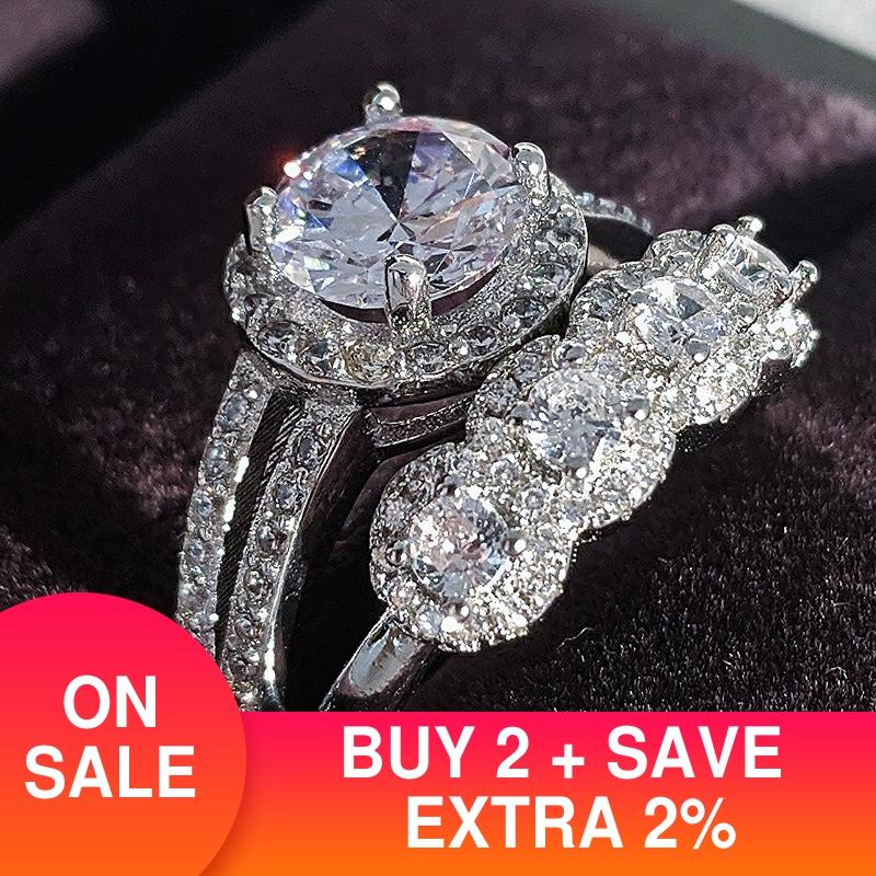 luxury round 925 sterling silver wedding ring set for women lady anniversary jewelry bulk sell R5129