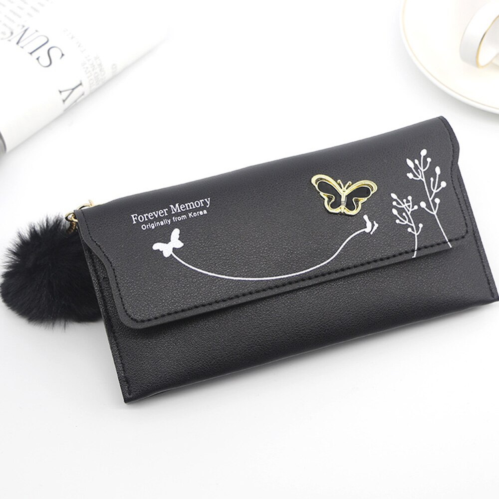 Korean Style Ladies Long Wallet Cute Wallet Women's Coin Purse Card Bag PU Wallet Clutch Student Tassel Cartoon: Type2 Black