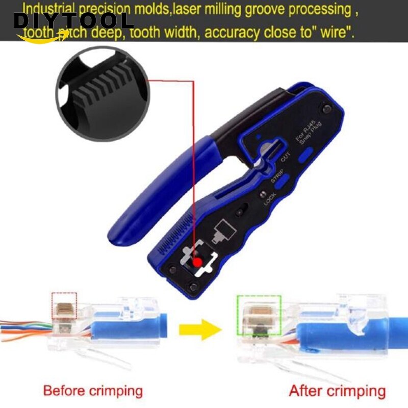 RJ45 Crimp Tool Pass Through Cutter for Cat6 Cat5 Cat5E 8P8C Modular Connectors All-In-One Wire Tool