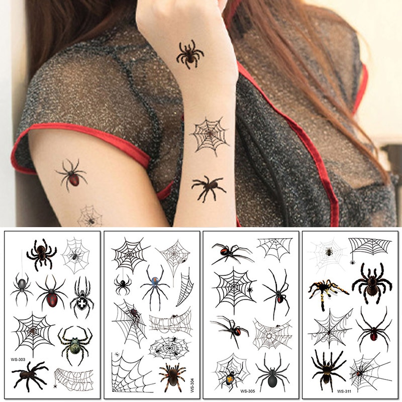 3D araignées autocollants de tatouage imperméables Halloween horreur toile d'araignée faux tatouage transfert d'eau tatouages temporaires bras outil d'art corporel