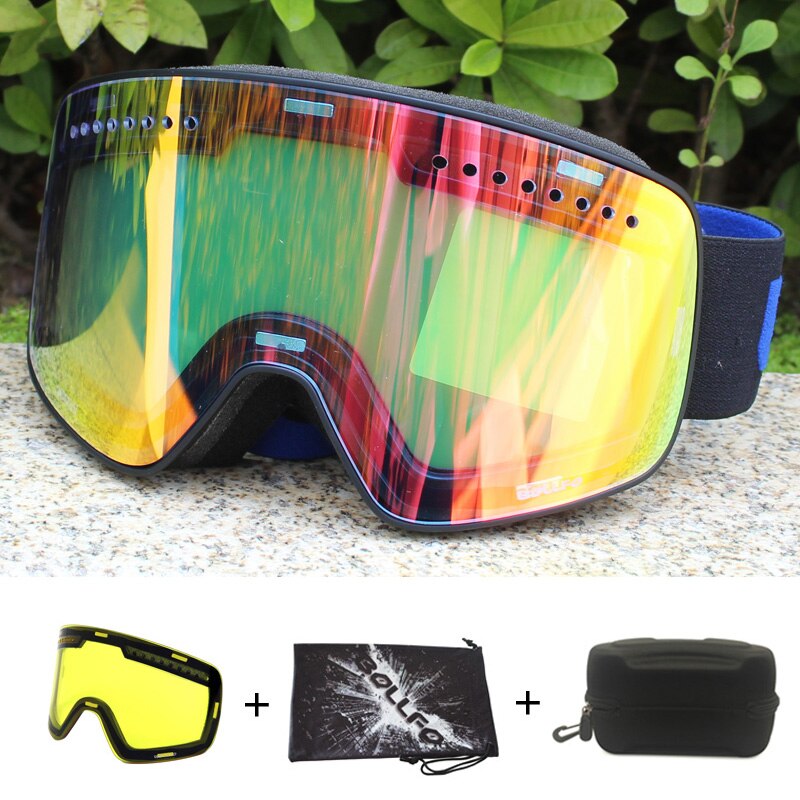 Magnetisk dobbeltlags linse skibriller masker antidugg  uv400 snowboardbriller skibriller briller for menn kvinner med etui: Blå rød 2 linse