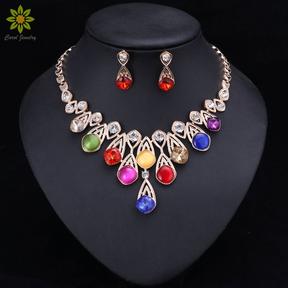 6 couleurs collier de pour femmes opale Noble collier et pendentif bijoux boucles d&#39;oreilles couleur or ensembles de bijoux