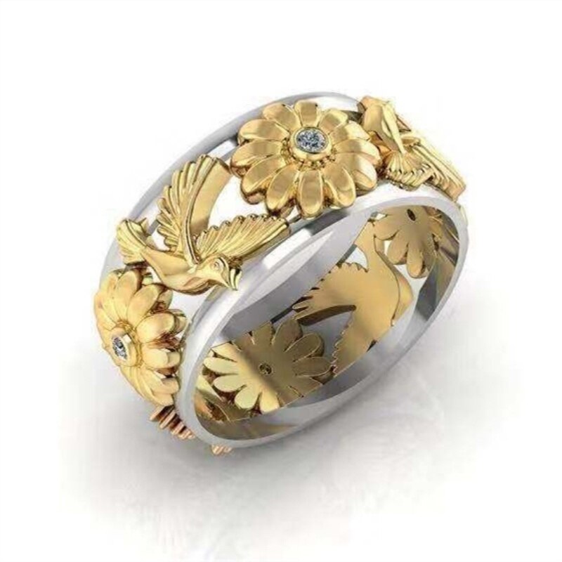 Exquisite Women's Alloy Ring Two-tone Vine Flower Small Bird Jewelry Anniversary Girls Bridal Engagement Ring