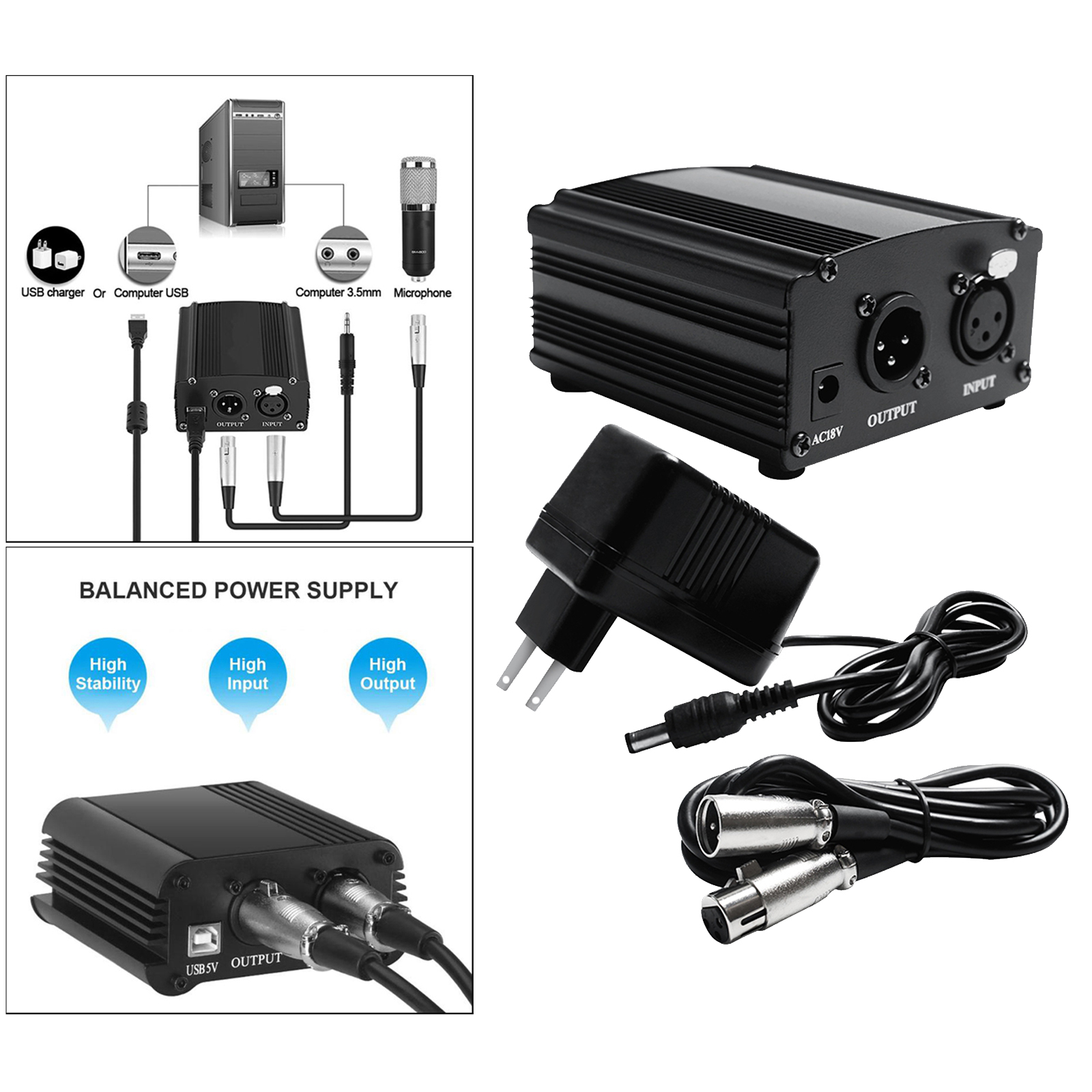 Alimentation fantôme 48V + câble XLR à 3 broches pour Microphone à condensateur, équipement d'enregistrement de musique