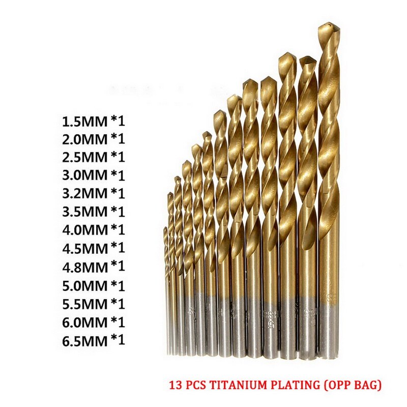 13 Pcs Ronde Schacht Hss Gecoat Titanium Drill Bit Set 1.5-6.5 Mm Quick Change Boor Gereedschap Onderdelen: golden with opp bag