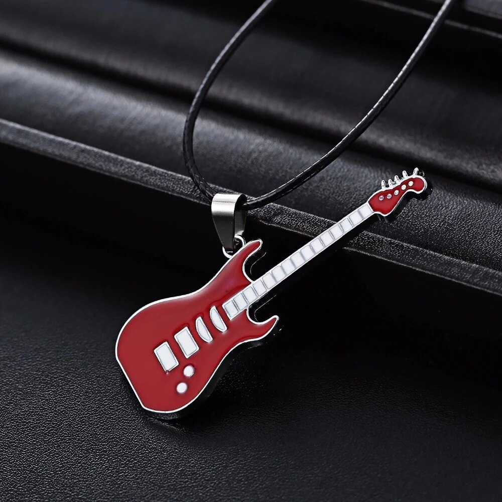 Rinhoo Trendy Leather Chain Guitar Necklace For Men Punk Rock Music Jewelry Stainless Steel Pendant Necklace