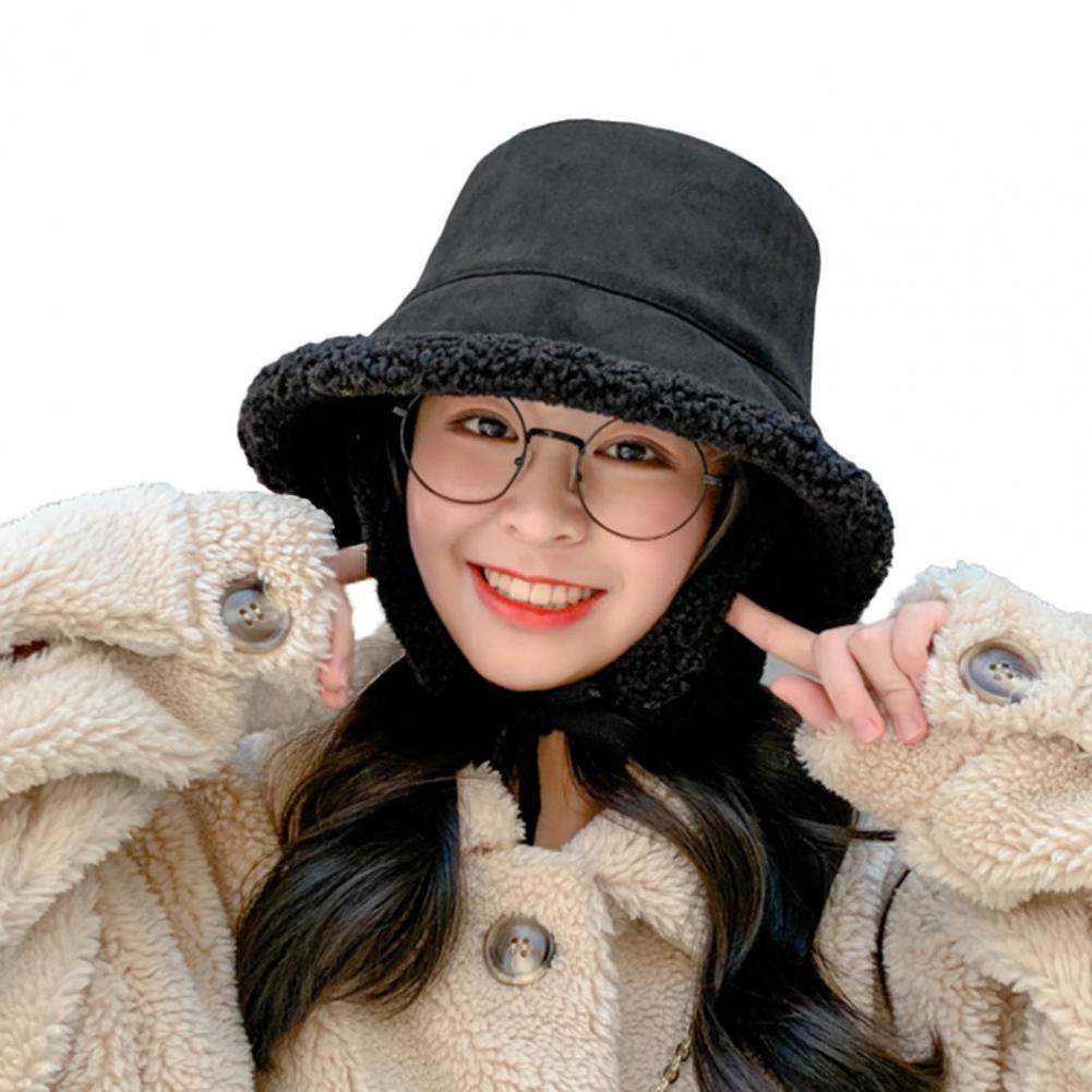 Women Hat Ear Flap Lace Up Bucket Hat Wide Brim Women Solid Color Cashmere Lined Fisherman Cap for Autumn Winter: Black