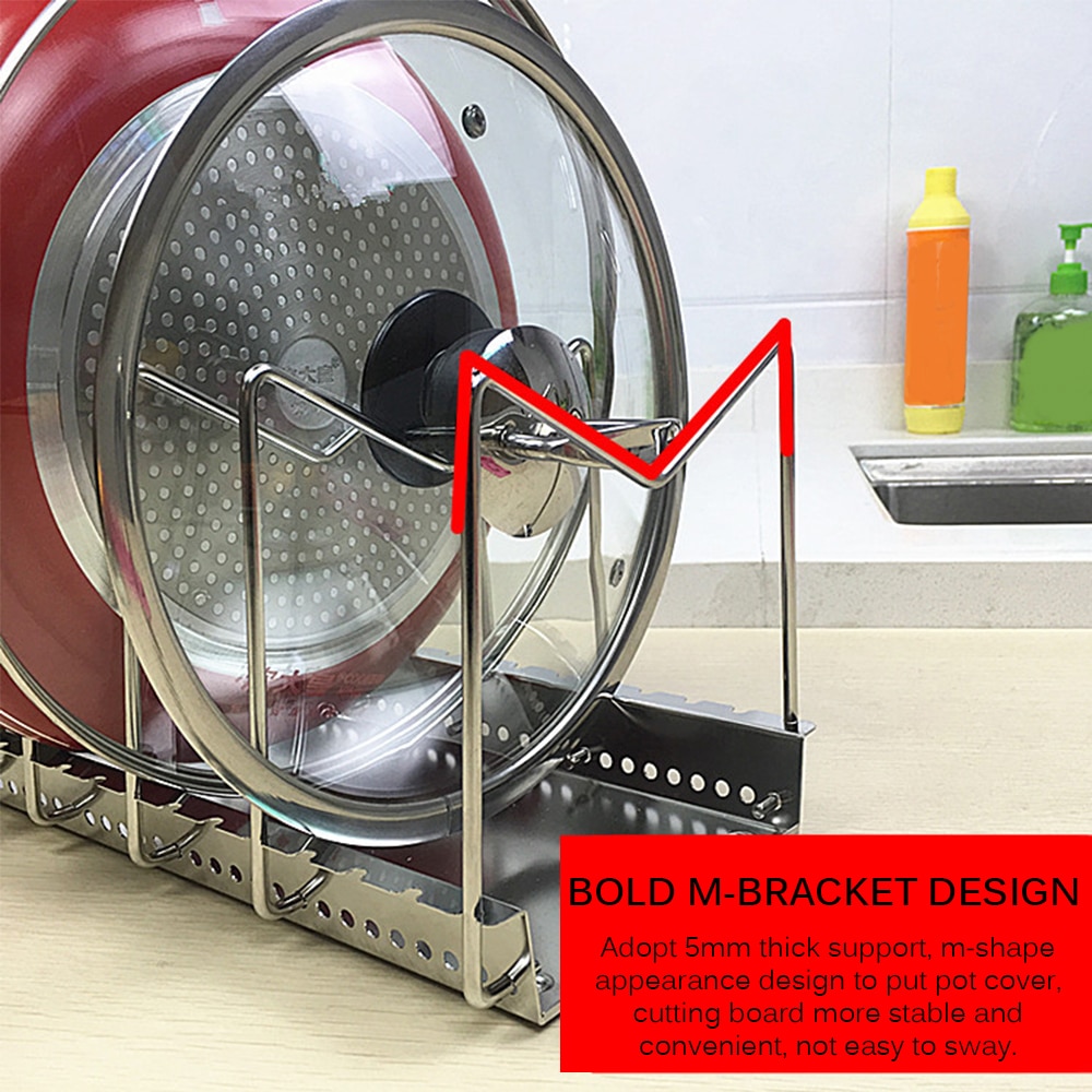 Sartén metálica ajustable, organizador de tapas para ollas, escurridor de platos, soporte para tabla de cortar, soporte de cocina, soporte para armario, bandeja de drenaje de almacenamiento