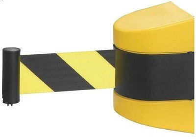 Max 10m belt length wall mounted retractable belt barrier with yellow / black striped caution belt for separated region