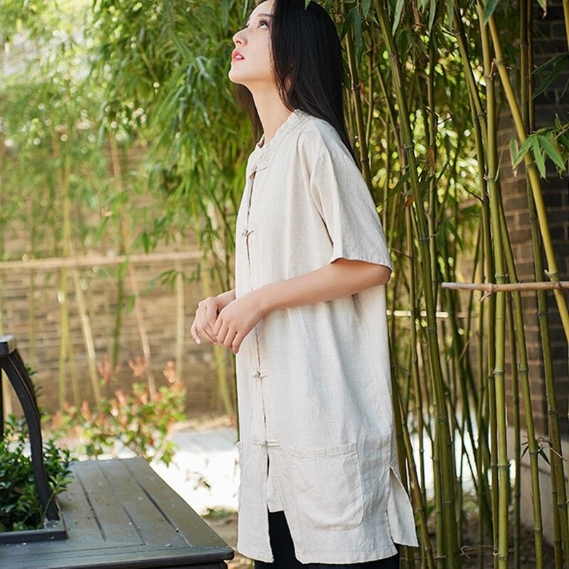 Cotton Linen Chinese Style Clothing Women Summer Blouses Kung Fu Clothes Mandarin Collar Short Sleeve Chinese Top 11771
