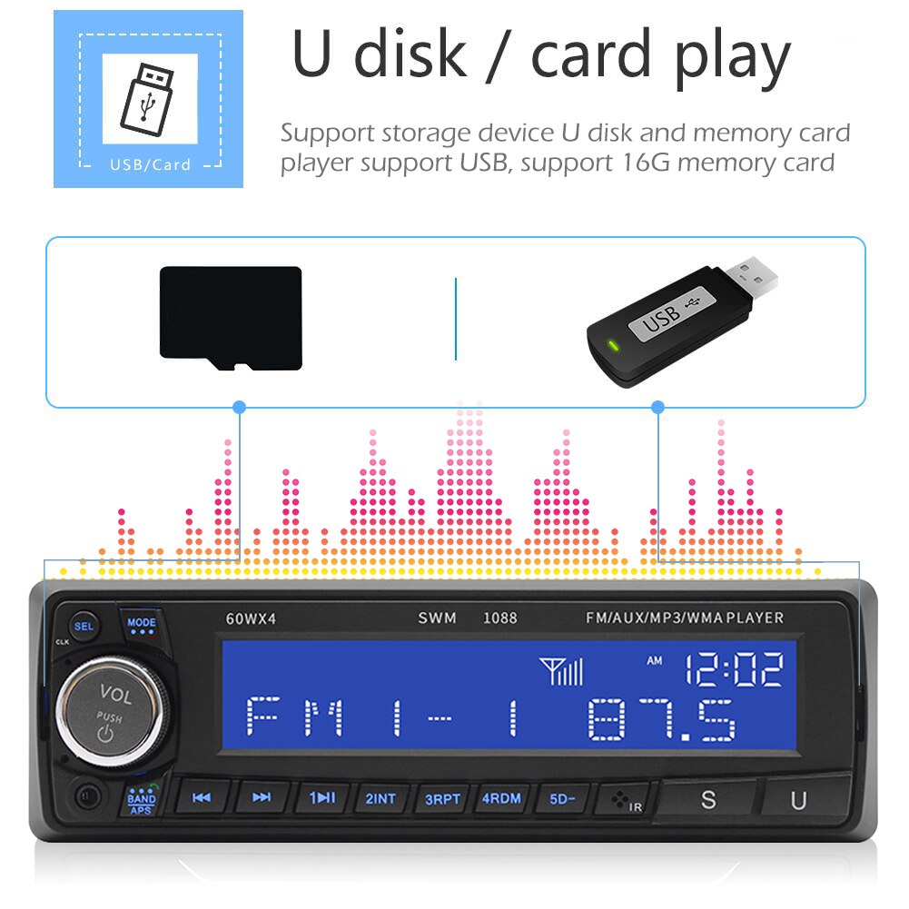 SWM-1088 autoradio Bluetooth AUX-in TF U disque lecteur MP3 unique 1 DIN Auto stéréo dans l'unité de tête de tableau de bord