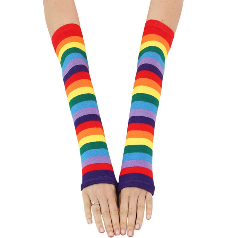 Mujer niña codo de punto, calentador de manga de brazo para protección solar Rayas Patchwork guantes sin dedos con agujero de pulgar disfraz: 2