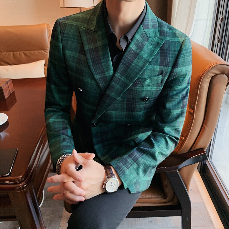 Chaqueta entallada a cuadros para hombre, traje informal a la para negocios y ocio, chaqueta de primavera, novedad: Green / Asia S 47-51KG