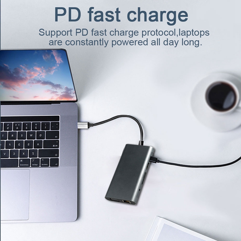 USB HUB C 10 in 1 Thunderbolt 3 Type C Adapter Dock 3 USB 3.0 Port 4K HDMI 1080P VGA RJ45 Gigabit Ethernet for Mac book Pro