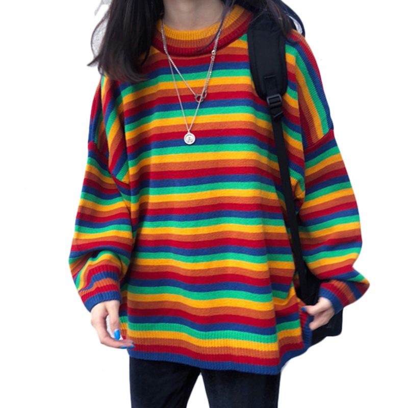 Frauen Teens Herbst Lange Ärmel Stricken Pullover Koreanische Harajuku Regenbogen Streifen Patchwork Lose Jumper Hip Hop Pullover Tunika Tops