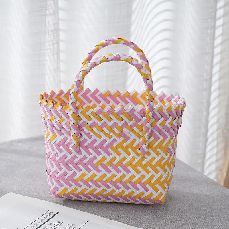 Bolso de mano tejido de plástico, cesta de transporte tejida hecha a mano pequeña, cesta tejida hecha a mano: YELLOW