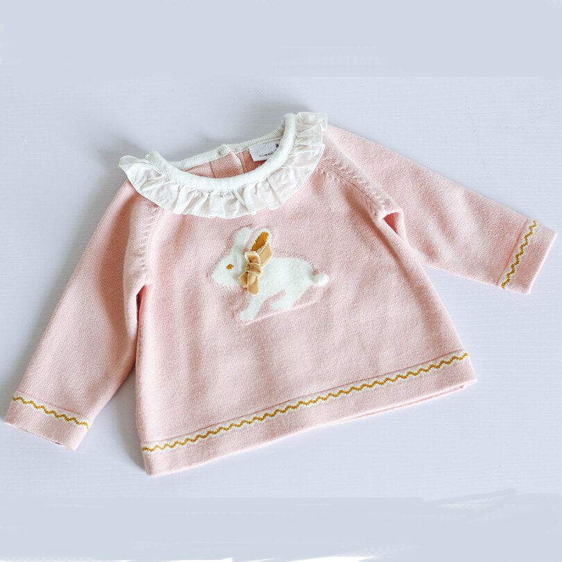 Little Girls T-shirt Adorable Bunny 3d Pattern Printed Ruffles Collar Tops&tee Baby Girls Autumn Knitted Shirts Kid Sweater: pink / 24M