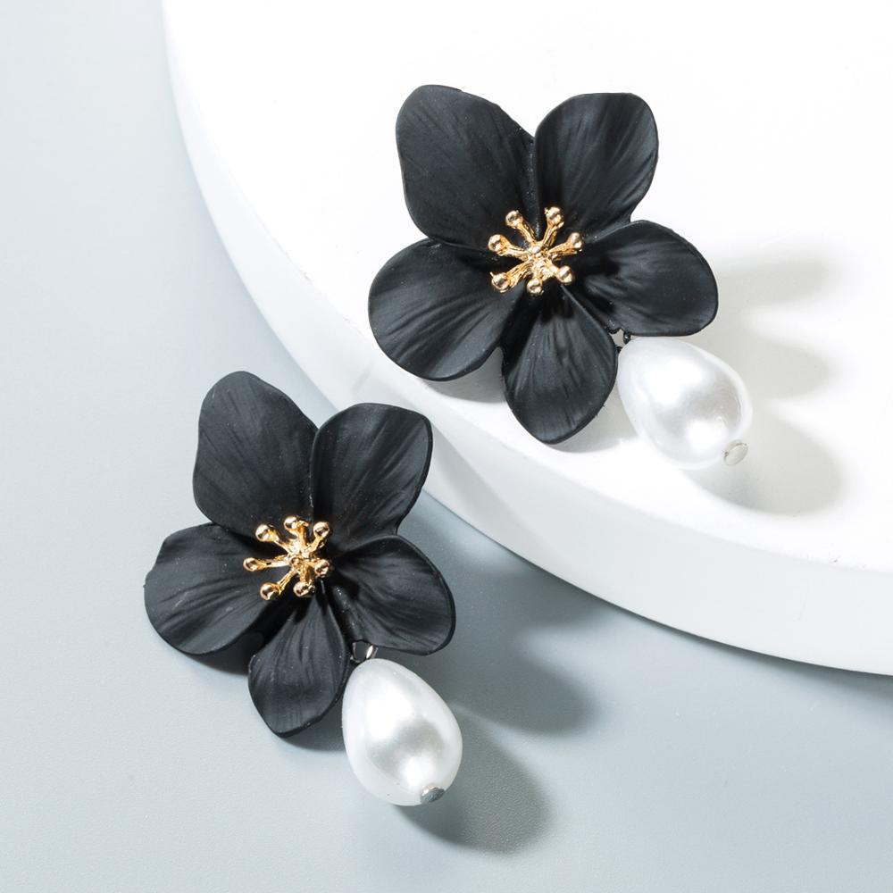 niedlich Schmuck Große Doppel Blume stud Ohrringe Für Frauen Sommer Stil Party Hochzeit Übertrieben schwarz Ohrringe: pearl black