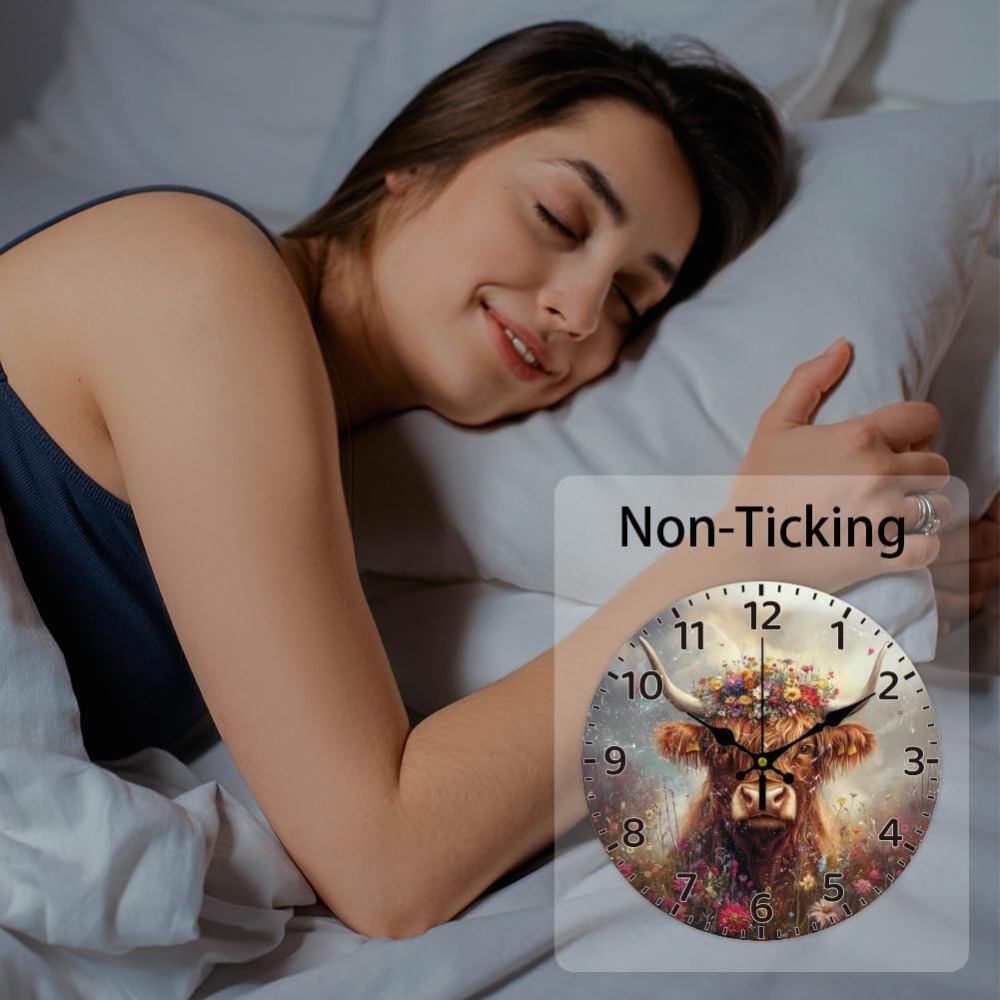 Highland Cattle Wall Clock 12 Inch Clock Flowers Non Ticking Battery Operated Decorative Round Clock for Home Kitchen Living