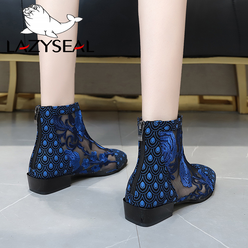 LazySeal Air maille broder été Cool bottines femmes retour Zip bout rond talons carrés dentelle fleurs Cool bottes femme