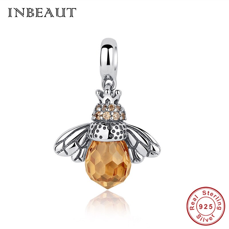 Inbeauté pingente de prata esterlina 100%, amarelo esmalte, abelha, redondo, marrom, zircônia cúbica, ninho de abelha, pulseira de marca fit