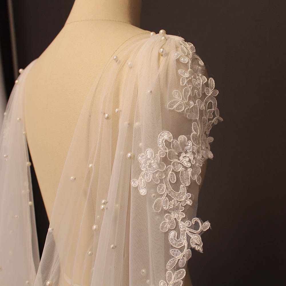 Pearls Wedding Bolero Lace Long 2.5 Meters Bridal Cape with Lace Edge White Ivory Bride Jacket Wedding Accessories