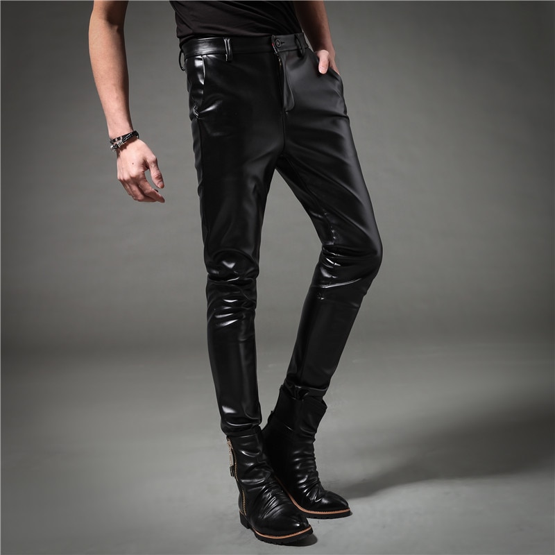 Pantalones pitillo de cuero informales para hombre de primavera y otoño, pantalones pitillo de estilo vintage para motociclismo y punk, pantalones ajustados de estilo coreano para hombre, pantalones para discoteca