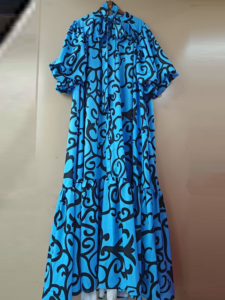 Vestido holgado informal con estampado geométrico de manga corta y burbuja de un solo pecho , vestido con cordones y temperamento para mujer de verano 2025: L / Azul