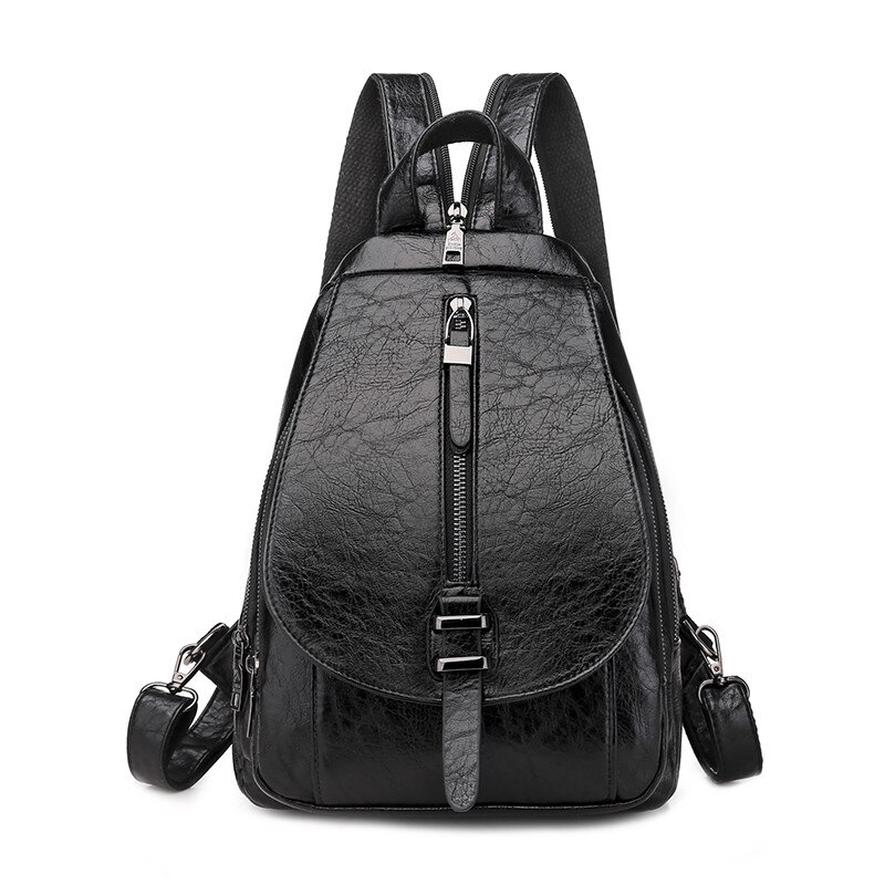 Vintage Women Backpack for Ladies Travel Back Bag Chest Shoulder Bag Good Oil Wax PU Leather Female Backbag Mochila: Black-2