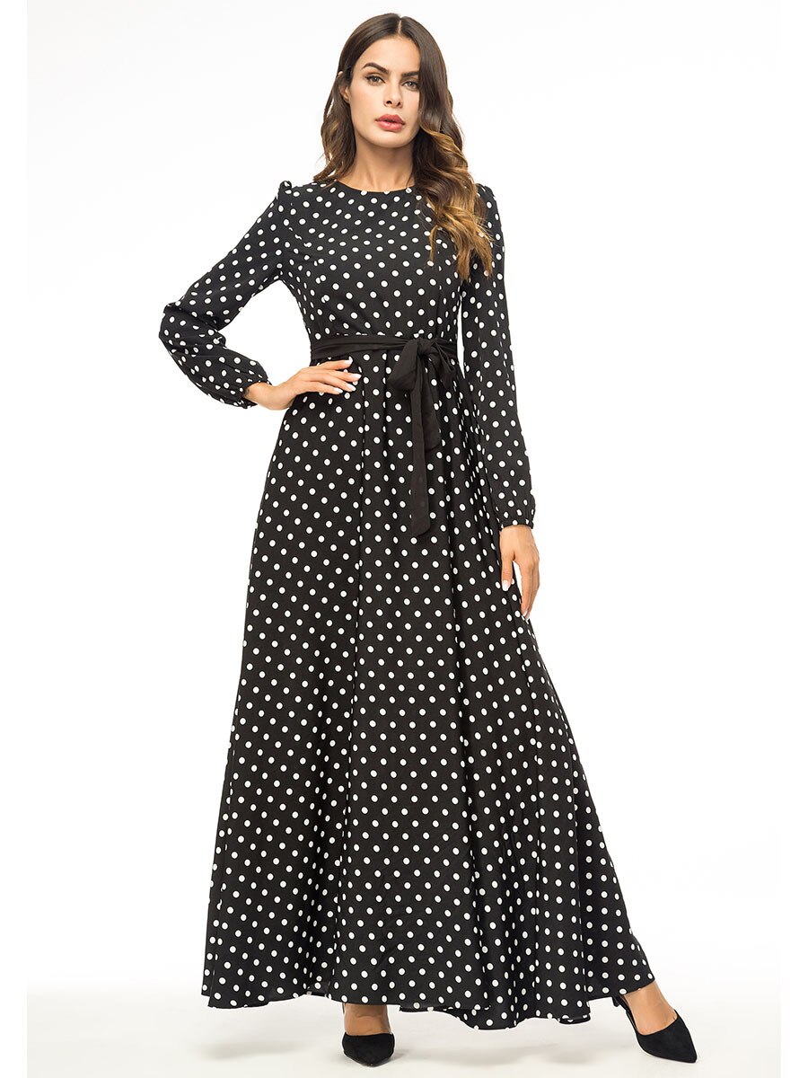 Muslim Dress Islamic Clothing Autumn Gown Simple Caftan Marocain Wave Point Swing Abaya Femme Musulmane Dress