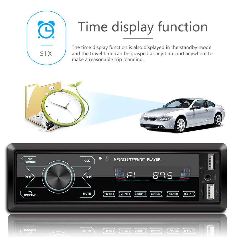 Radio con Bluetooth para coche, reproductor MP3 estéreo de 12V, 1DIN, receptor FM, Kit de manos libres, adaptador de música AUX/USB/tarjeta TF en el tablero, Puerto IOS