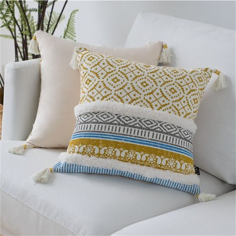 Heminredning boho örngott soffa kudde fyrkantiga dekorkuddar sovrum vardagsrum vävt modernt stort tofs kuddfodral: Gul 45 x 45cm