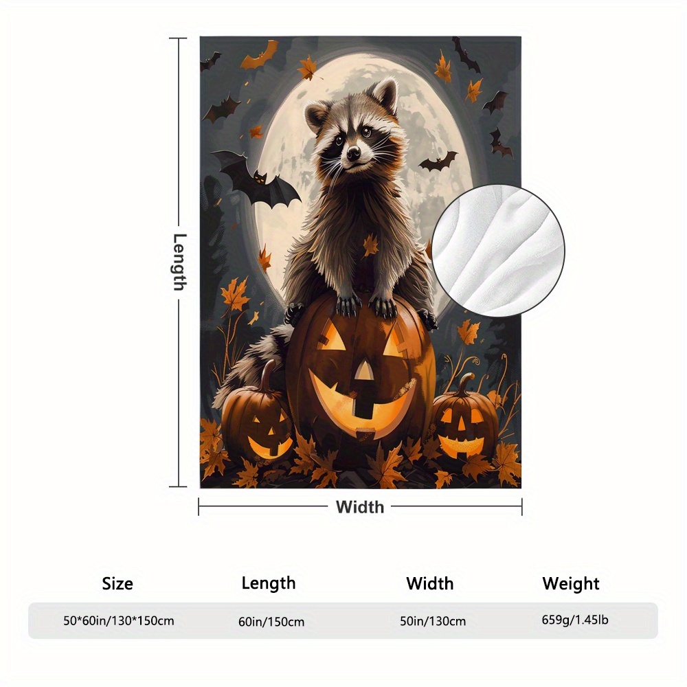 Żywy wyświetlacz | Przytulny koc polarowy na Halloween z szopem i nietoperzem żart idealnym jesienno-zimowym prezentem dla nastolatków i dorosłych.: 120*200 cm
