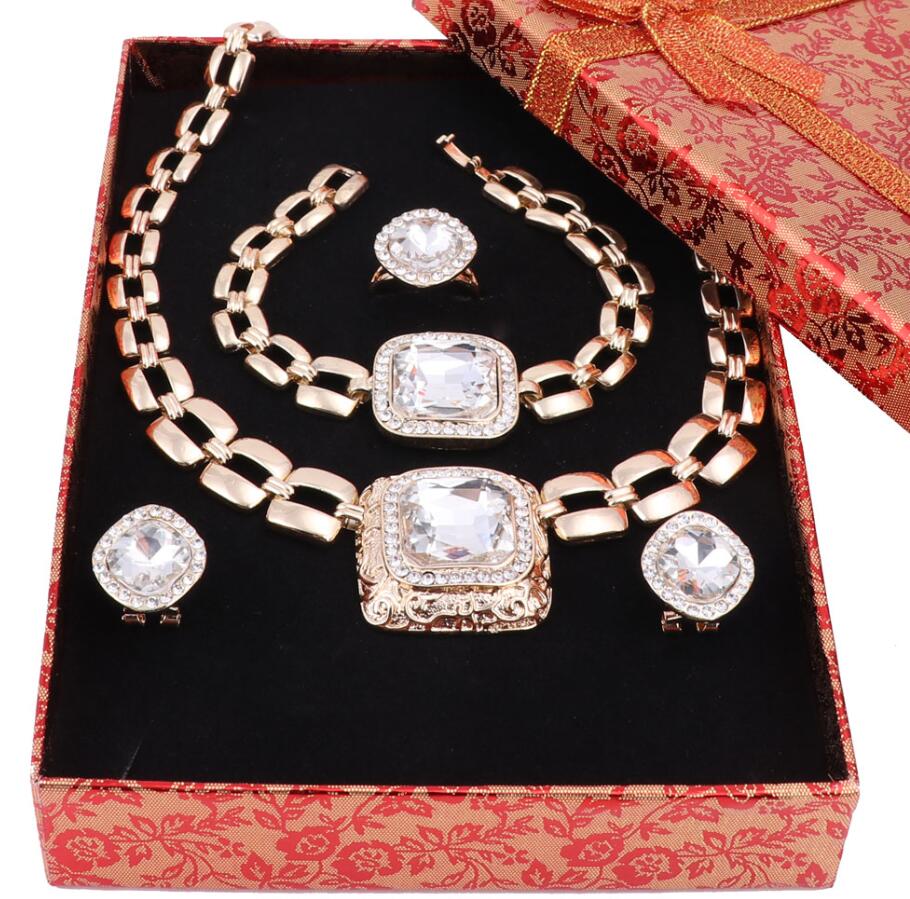 Afrikaanse Kralen Sieraden Sets Voor Vrouwen Jurk Accessoires Goud Kleur Crystal Wedding Bridal Ketting Oorbellen Armband Ring Sets: White Add Box